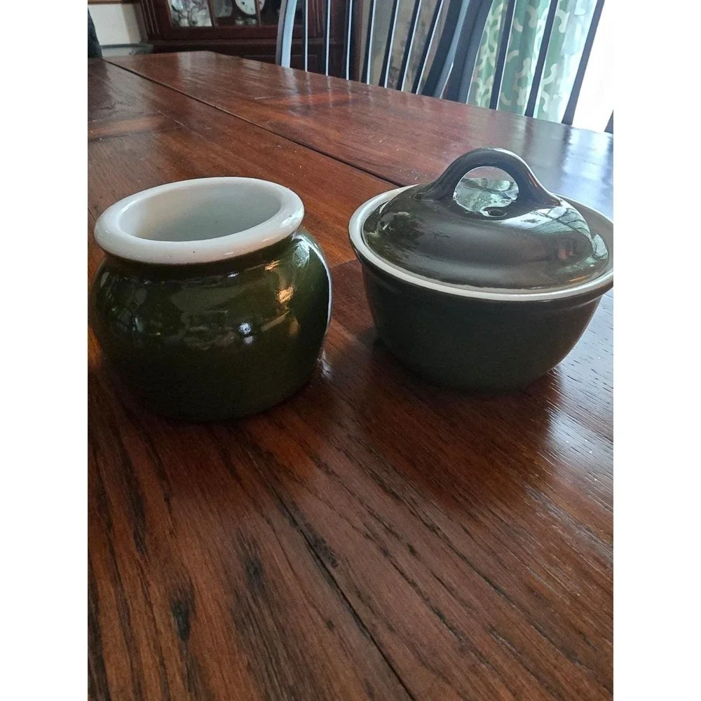 Hall China‎ Vintage Covered Sugar Bowl and Creamer Set Dark Green Made in USA